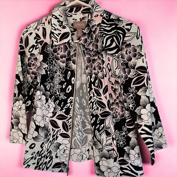 Chicos full zip lightweight jacket black white & pink floral print size 0 Small - Picture 1 of 5
